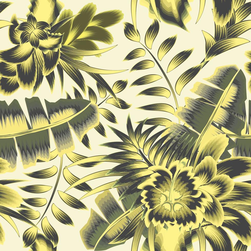 ilustración de la selva botánica beige verde patrón sin costuras con hoja de palma de plátano tropical y follaje de planta de hibisco sobre fondo claro. fondo de pantalla de la jungla exótica. impresión de moda. el verano. primavera. vector
