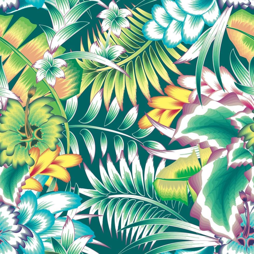 Trending abstract fashionable seamless pattern with colorful tropical plants and leaves on pastel background. Vector design. Jungle print. Floral background. Printing and textiles. Exotic summer