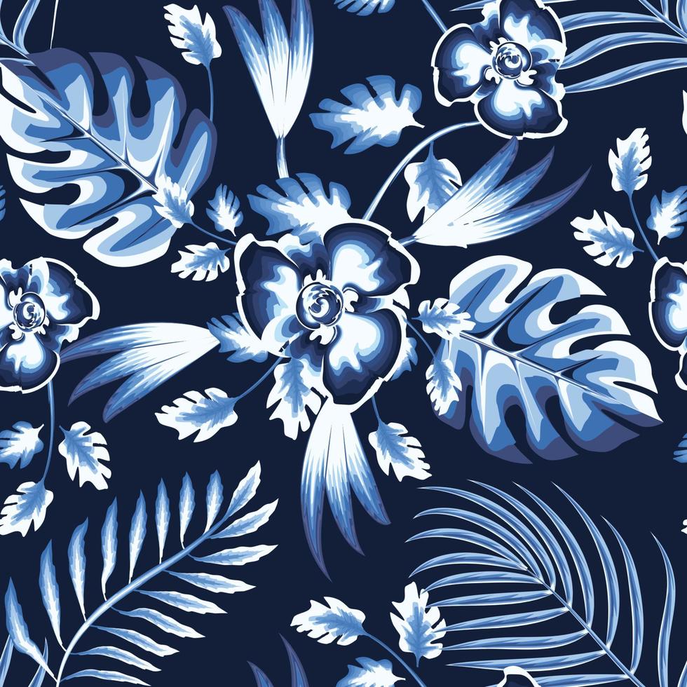 night summer tropical palm leaf seamless pattern with monstera fern leaves and plant foliage in blue monochromatic color on dark background. light flowers drawing. fashionable texture. jungle print vector