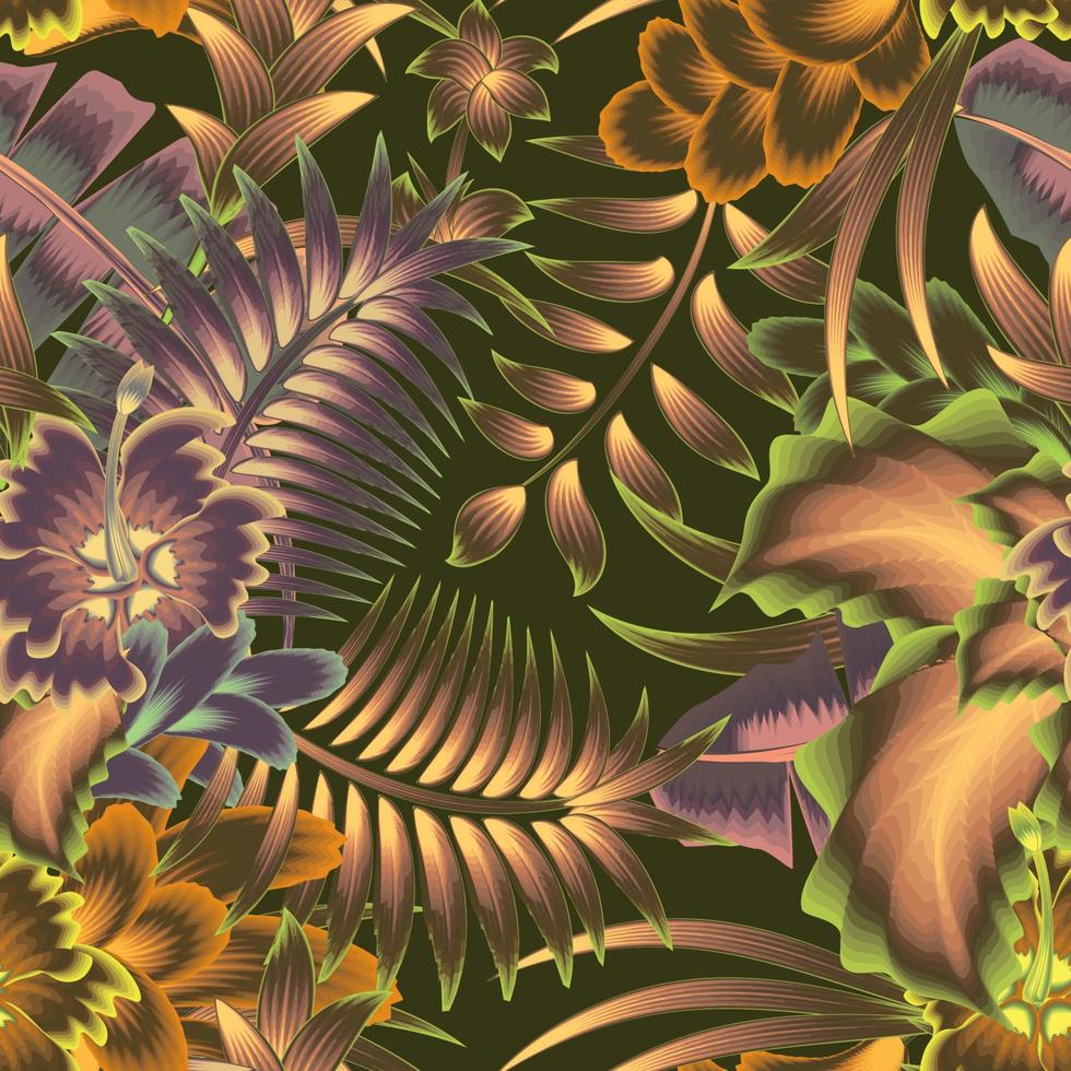 la exótica y colorida planta de la selva tropical deja una ilustración de patrones sin fisuras con follaje botánico abstracto de tendencia sobre fondo verde. fondo floral. verano tropical exótico. papel pintado de la naturaleza vector