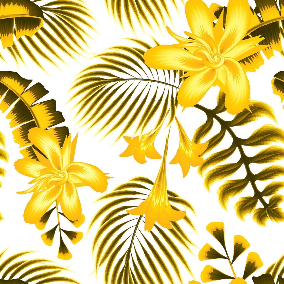 fondo transparente de otoño con coloridas hojas tropicales y follaje de plantas de flores sobre fondo blanco. diseño vectorial impresión de la selva. fondo floral. imprenta y textil. trópicos exóticos. el verano vector