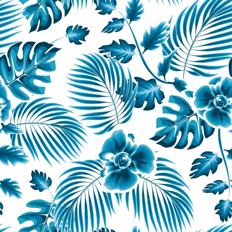 exotic rainforest illustration with vintage blue monochromatic tropical coconut branchs leaves, abstract flower and monstera plant foliage on white background. Exotic Summer print. tropical seamless vector