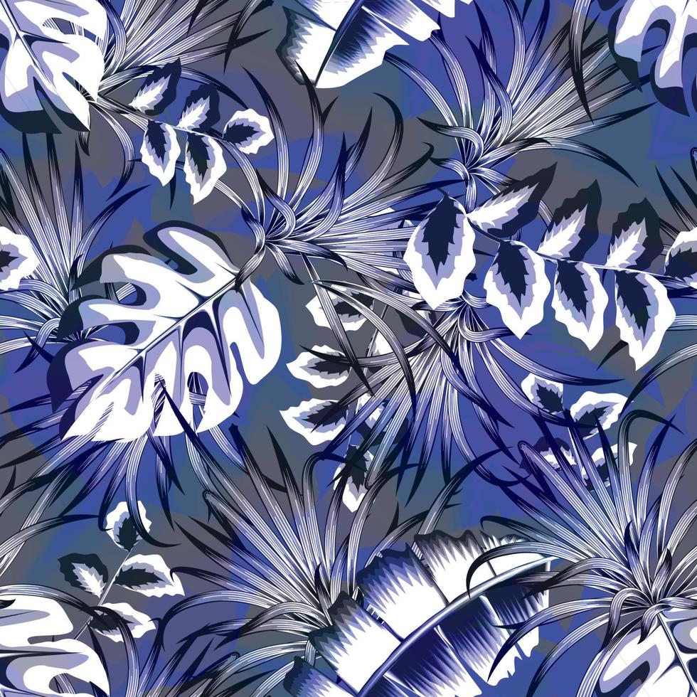 hojas de plátano azul patrón sin costuras con plantas tropicales de monstera y follaje sobre fondo abstracto. imprimir el fondo vectorial de las hojas de plátano de palma de papel tapiz de verano de moda en grunge. trópicos exóticos vector