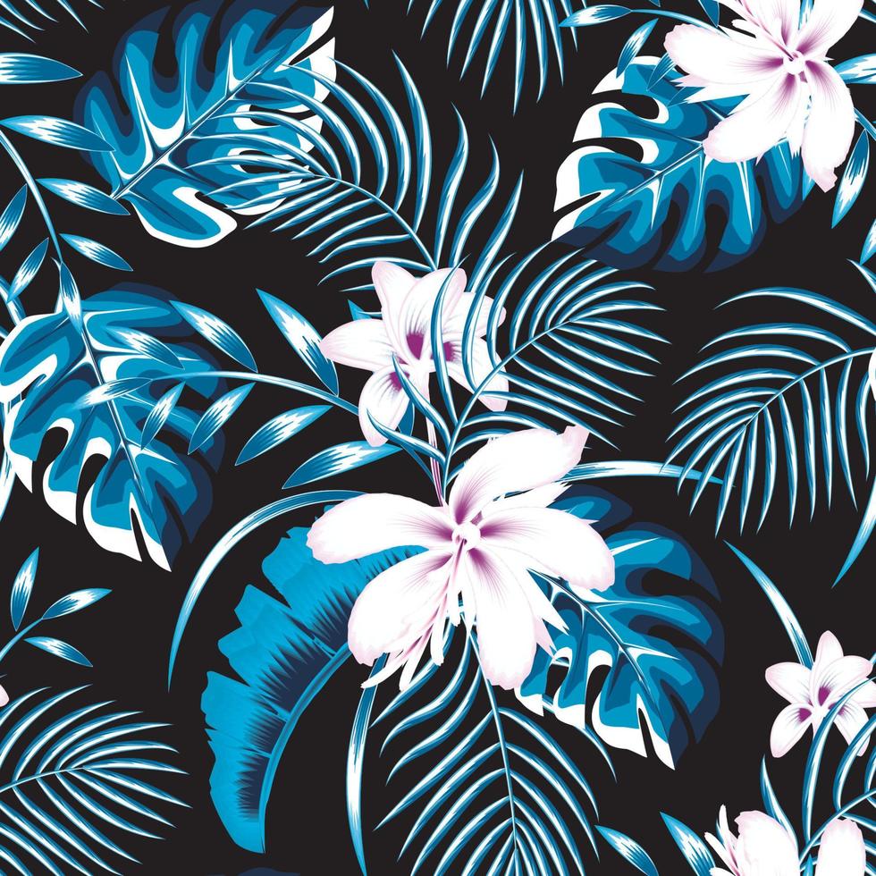 fondo tropical vintage sin costuras con hojas de plantas monocromáticas azules y follaje sobre fondo oscuro. fondo de la selva. fondo de pantalla de bosque exótico. papel pintado de la naturaleza. fondo de otoño. primavera. vector