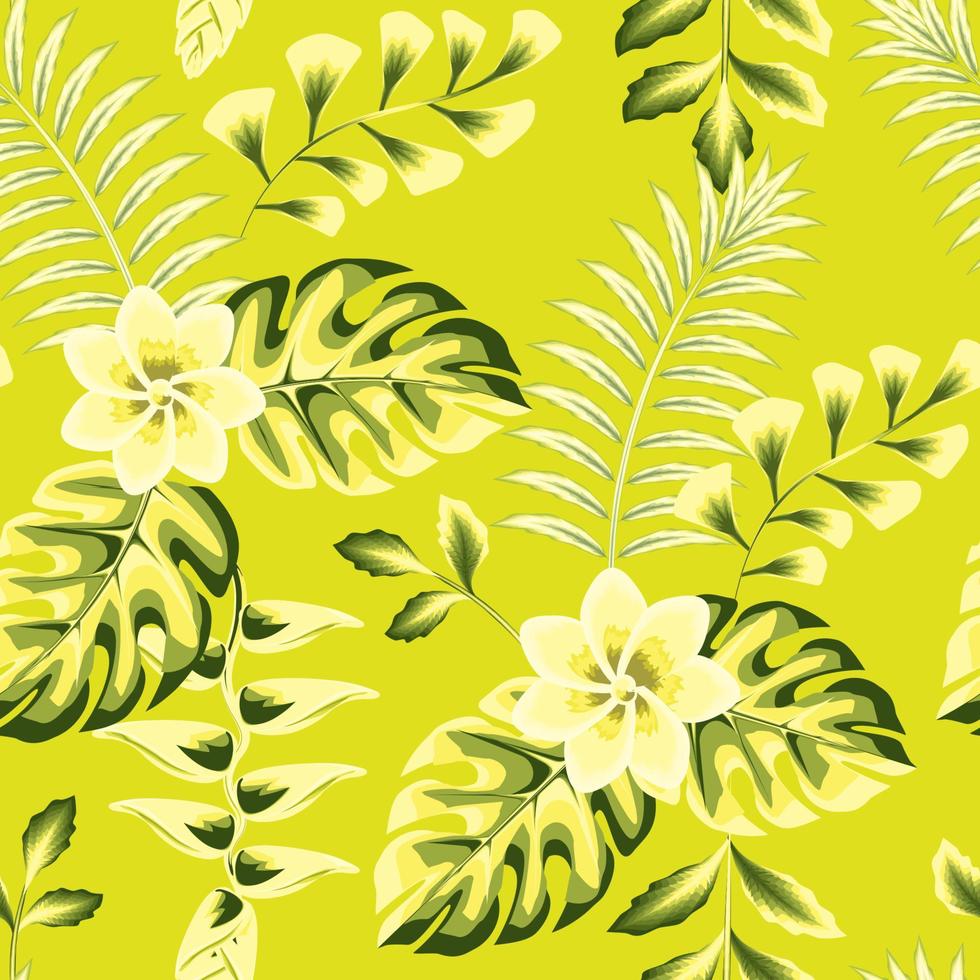 green Tropical fern leaves and monstera plants foliage, hand drawn seamless pattern with heliconia flower on light background. Floral background. Exotic tropics. Summer design. jungle wallpaper vector