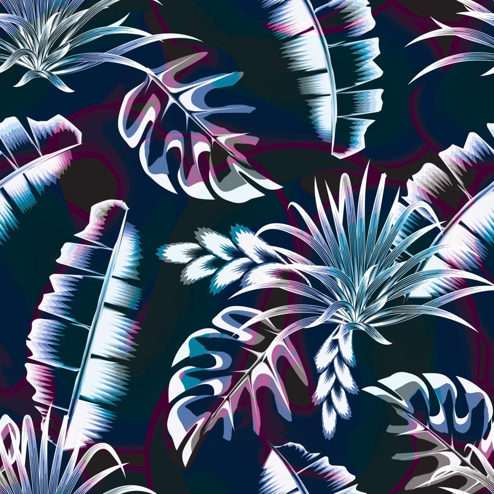 tropical foliage seamless pattern with blue banana monstera leaves and plants foliage on abstract wave background. line art. light background. nature elements. tropical vector design template. decor