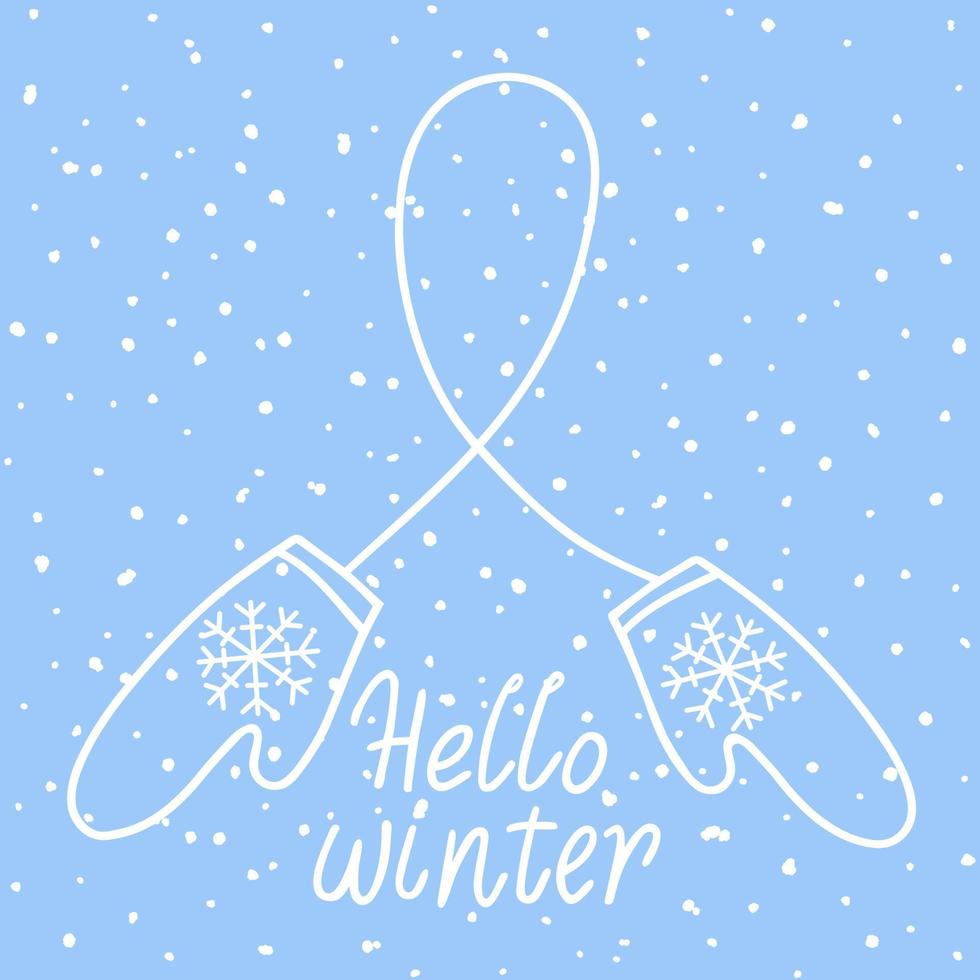 Hello winter text design with mittens and snowflakes vector illustrations. Winter beginning greeting card.