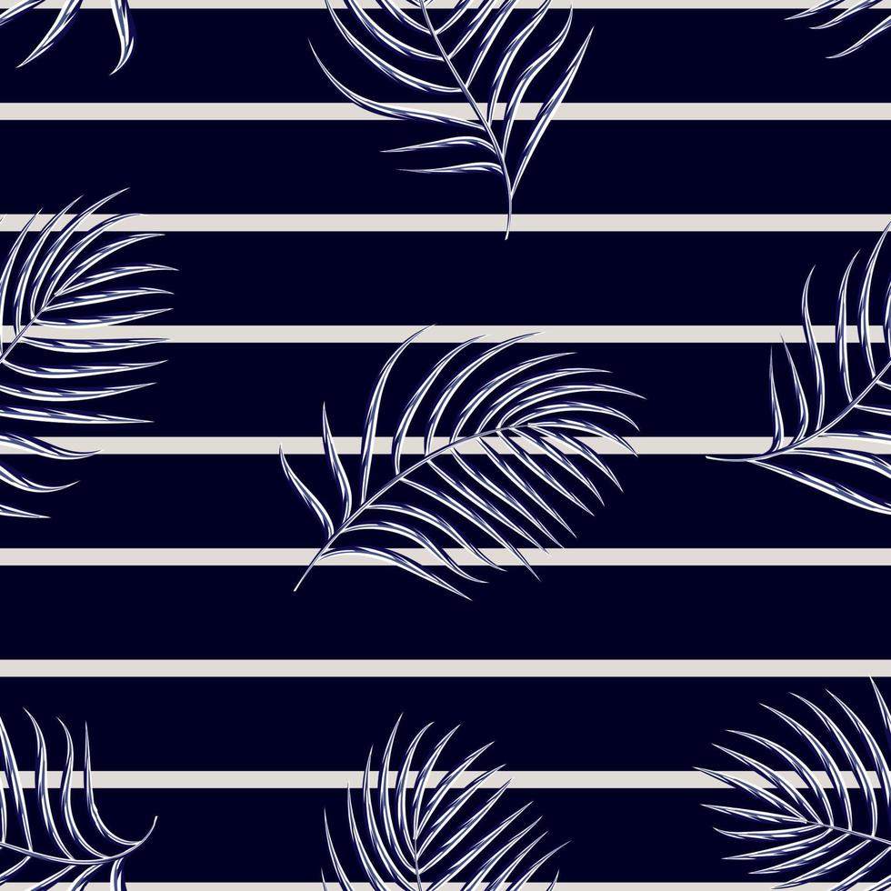 jungla exótica nocturna con arte lineal hojas de palma tropical camiseta de tela sin costuras. fondo de pantalla de verano fondo negro. diseño vectorial textura de moda. trópicos exóticos. diseño de verano. papel pintado de la naturaleza vector