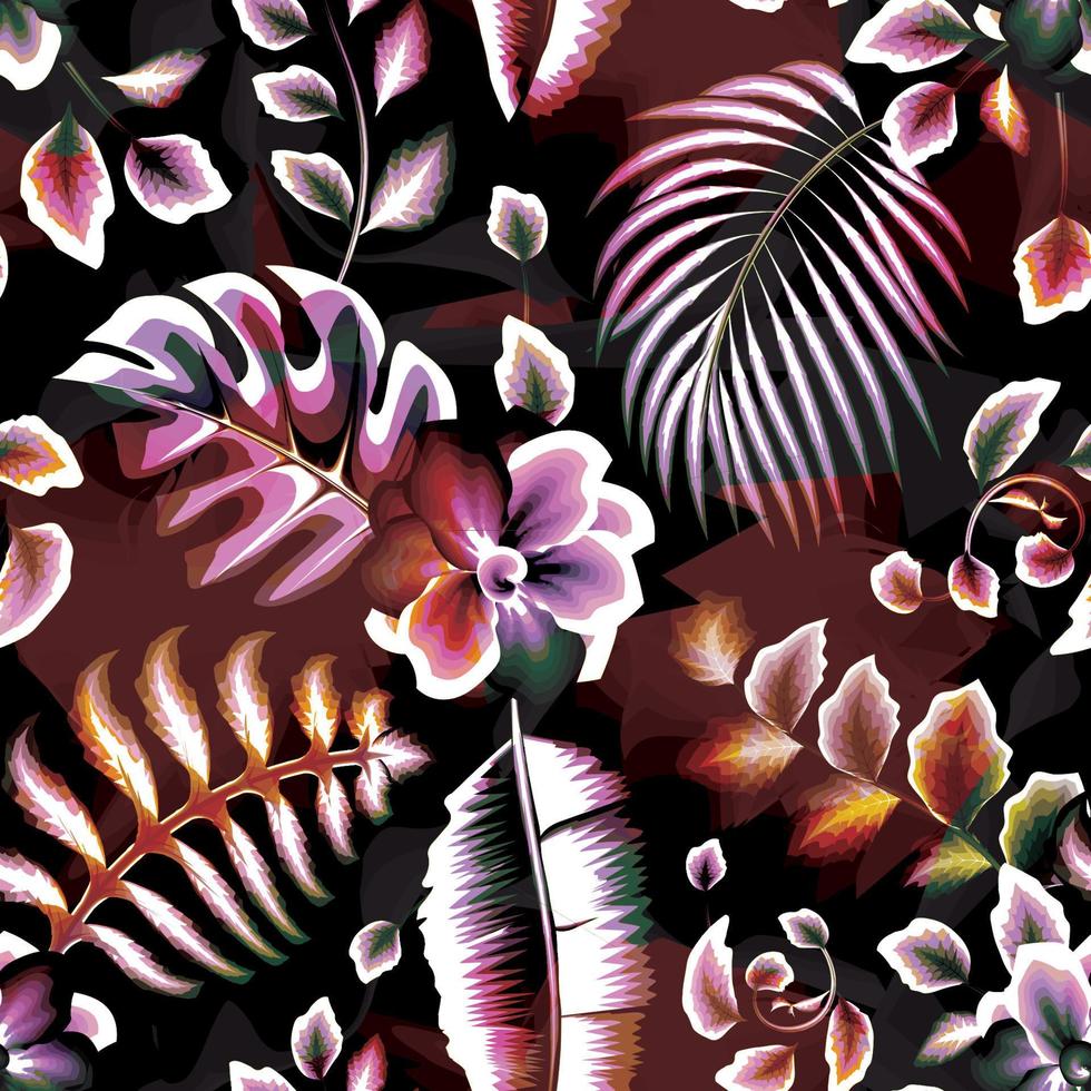 patrón sin costuras de fondo de textura tropical con hojas de monstera de plátano colorido y follaje de plantas en abstracto oscuro. ilustración de la selva tropical. fondo de pantalla de la selva. fondo de la naturaleza. fondo floral vector