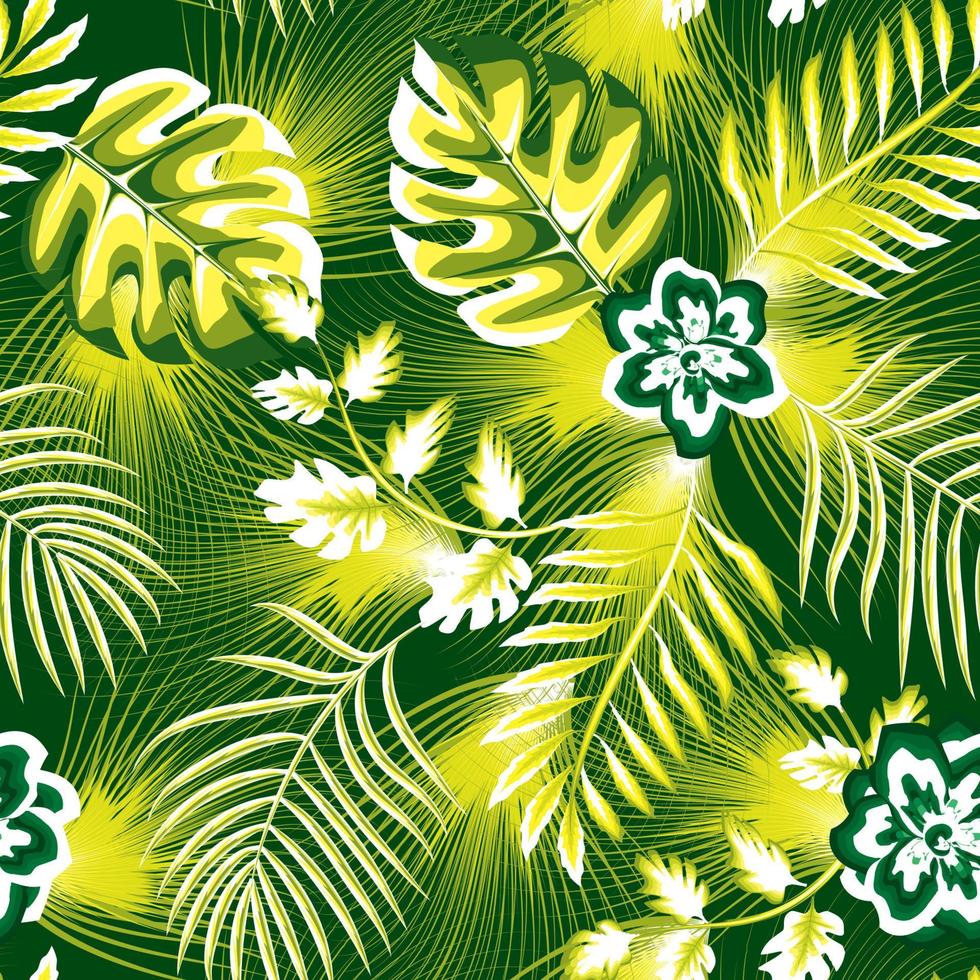 patrón abstracto tropical de verano sin costuras con hojas de plantas de luz verde y follaje en estilo monocromático sobre fondo nocturno. impresión de la selva. fondo floral. textura de moda. exótico. otoño vector