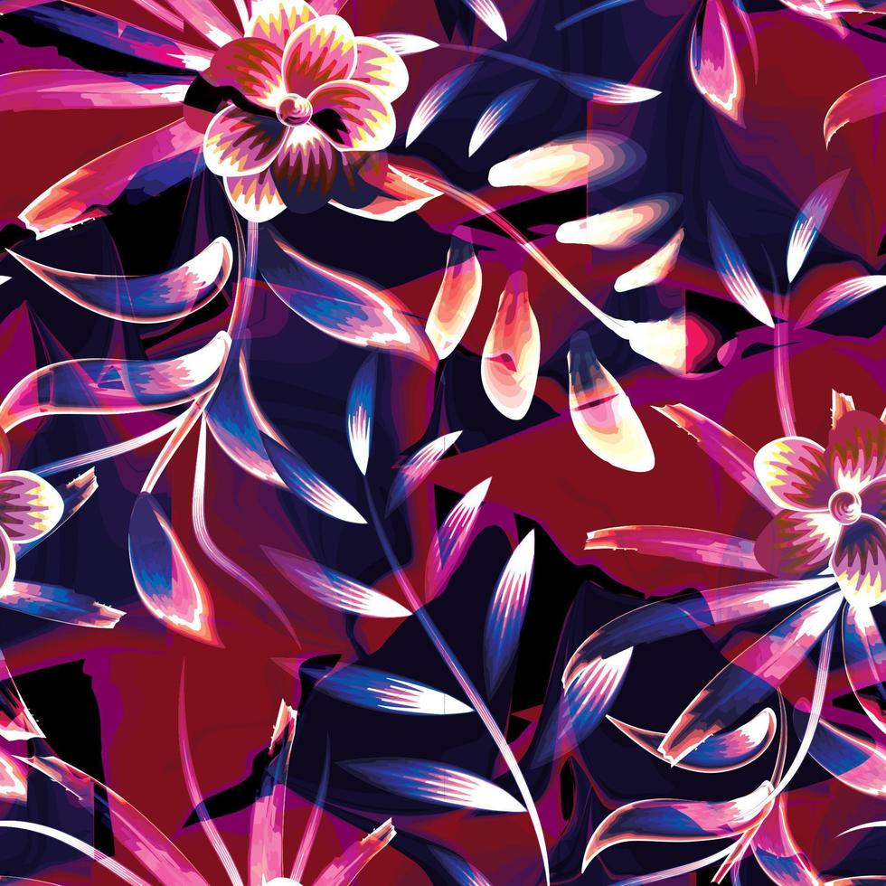 coloridas plantas tropicales abstractas de patrones sin fisuras en el fundamento del grunge. fondo rosa diseño vectorial colorido floral con estilo. fondo floral. trópico exótico. diseño de verano. diseño de patrón de playa vector