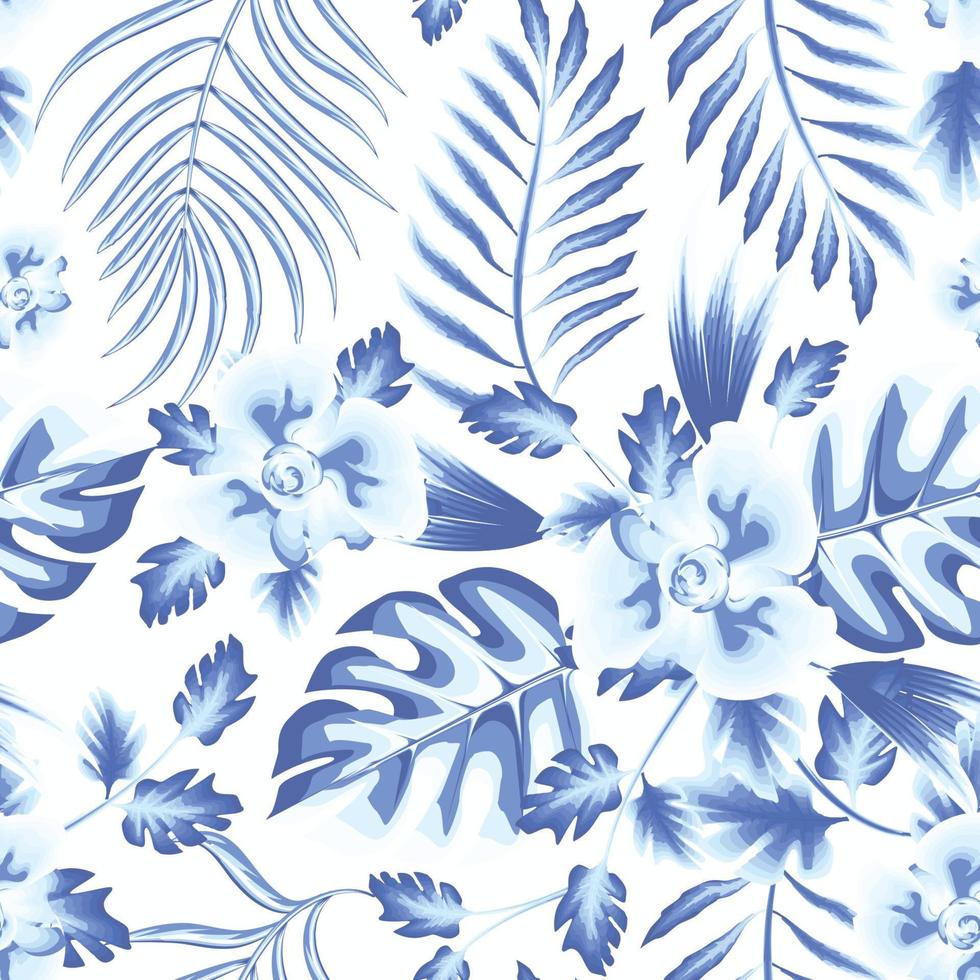 night summer tropical palm leaf seamless pattern with monstera fern leaves and plant foliage in blue monochromatic color on dark background. light flowers drawing. fashionable texture. jungle print vector