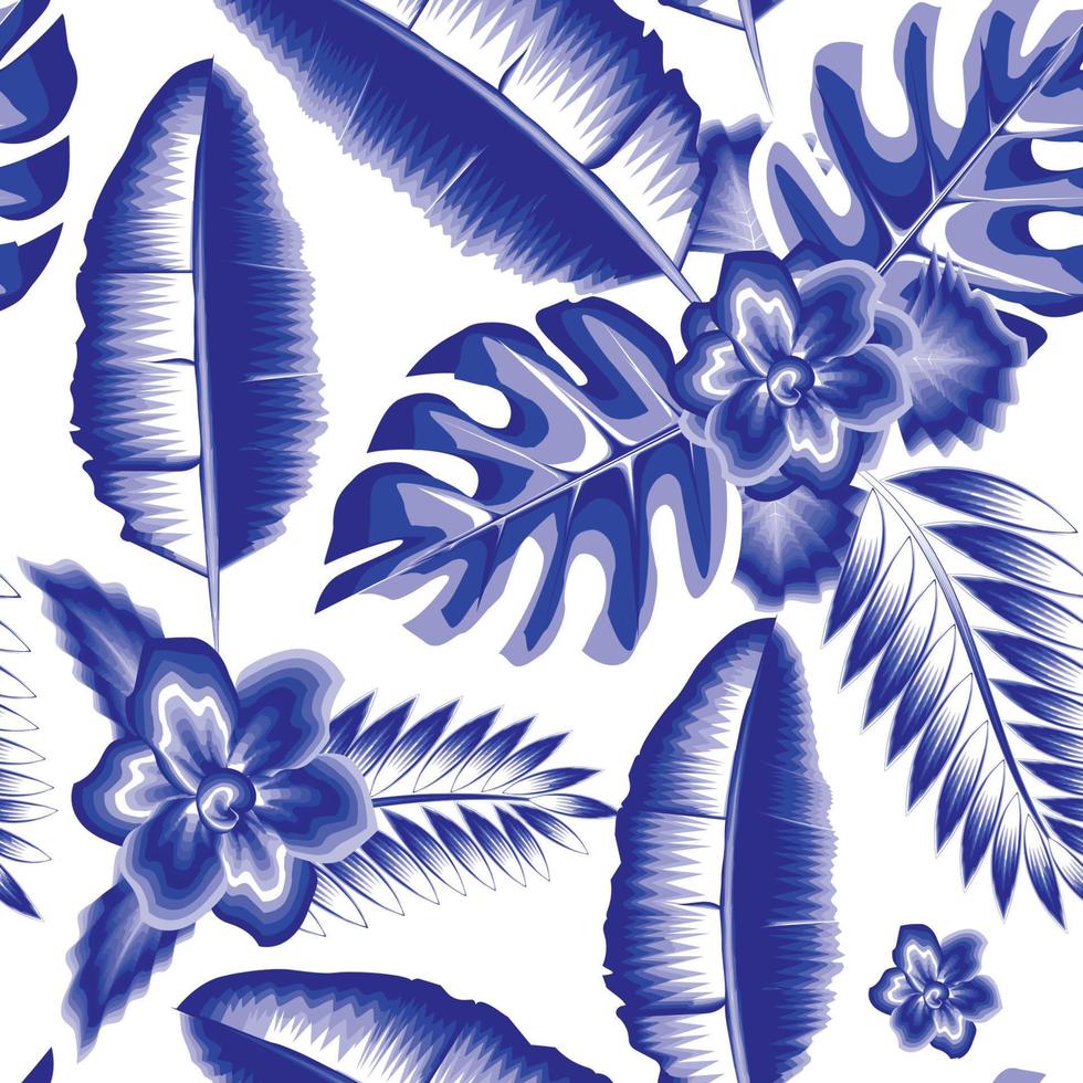 fondo tropical transparente con hojas de monstera de plátano monocromáticas azules y follaje abstracto de plantas de flores de jazmín sobre fondo blanco. papel pintado de la naturaleza. fondo floral. diseño exótico de verano vector