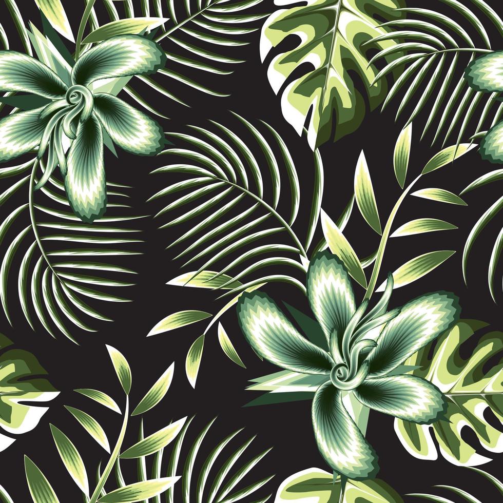 monstera palm leaves seamless background with colorful tropical foliage and flower plant on night background. Vector design. Jungle print. Floral background. textile. Exotic summer. nature background