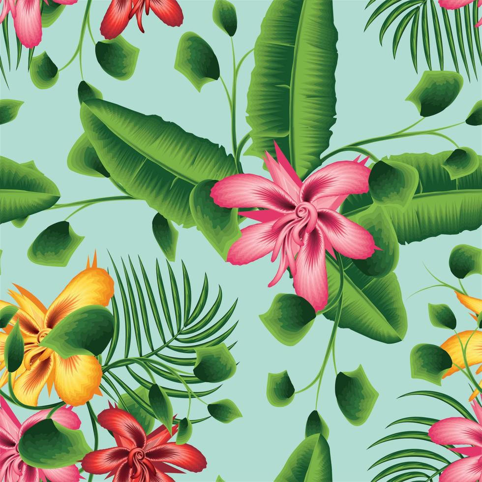 plantas exóticas de la selva ilustran un patrón sin costuras con coloridas flores de hibisco y hojas de palma de plátano verde sobre fondo azul cielo. fondo floral. trópicos exóticos. diseño de verano. naturaleza. otoño vector