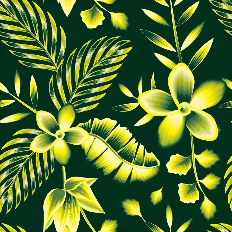 naturaleza verde monocromática con flor de plátano abstracta y flor de frangipani fondo vector patrón decorativo sin costuras. hojas de plantas tropicales. fondo de pantalla de la selva. fondo floral. verano exótico