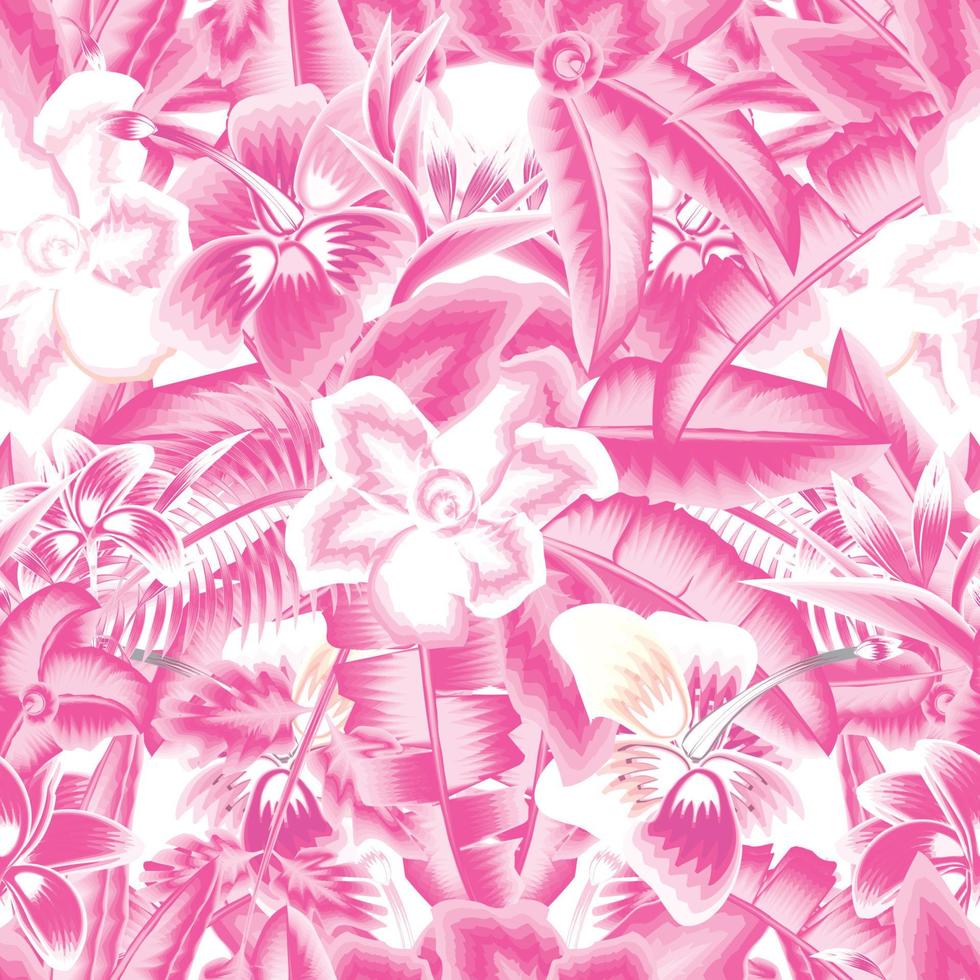 pink monochromatic tropical abctract floral seamless pattern with banana fern leaves and plants foliage on white background. interior wallpaper. fashionable prints texture. Floral background. autumn vector