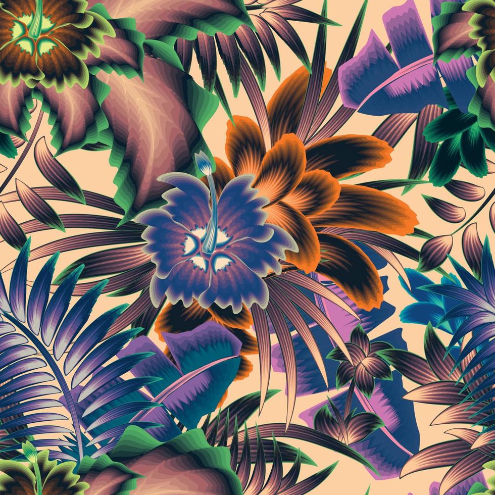 la colorida planta de la selva tropical deja un diseño de vector de ilustración de patrones sin fisuras con follaje botánico abstracto de tendencia sobre fondo beige. fondo floral. diseño exótico de verano. papel pintado de la naturaleza