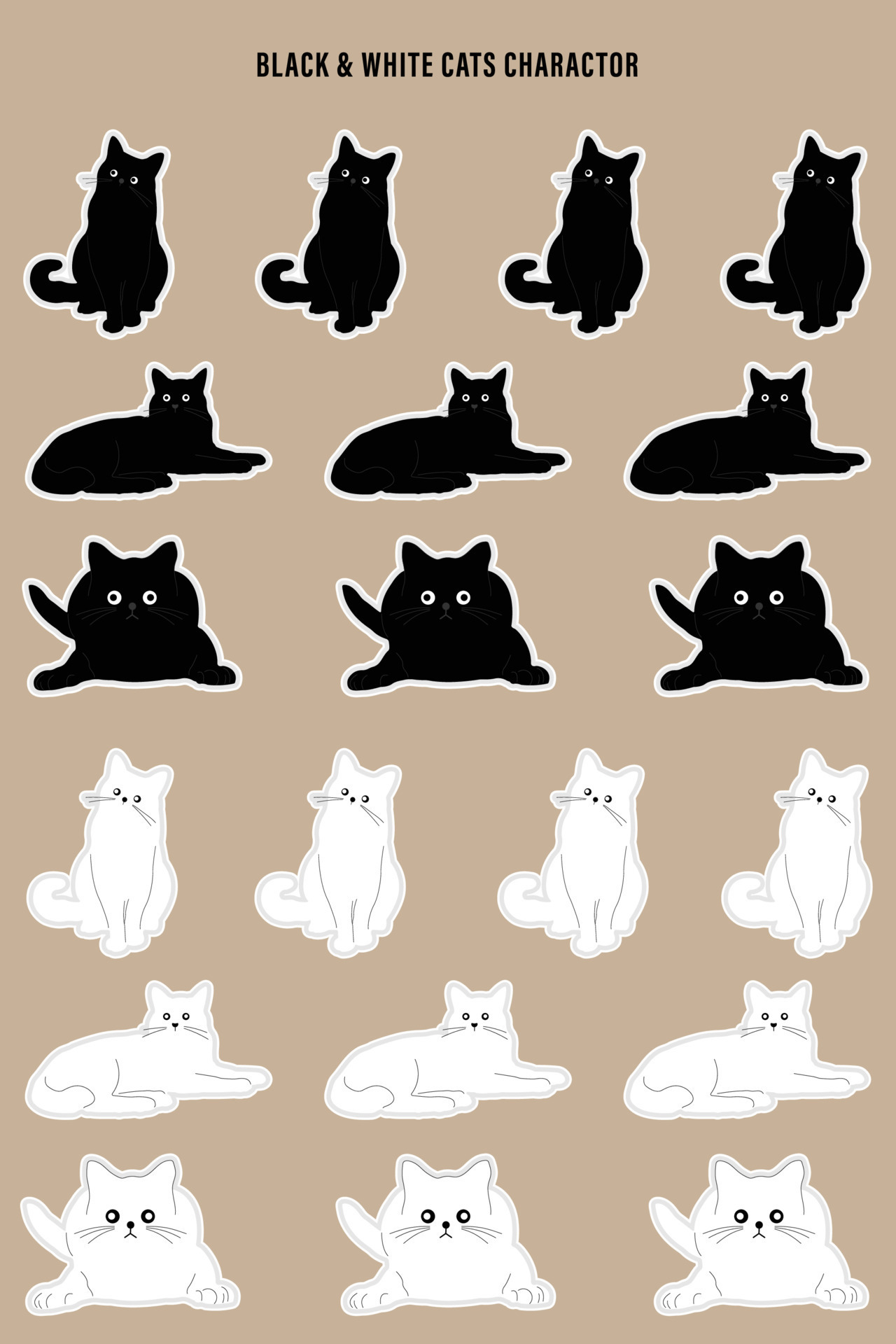 Set of black and white cute cat character design stickers ...