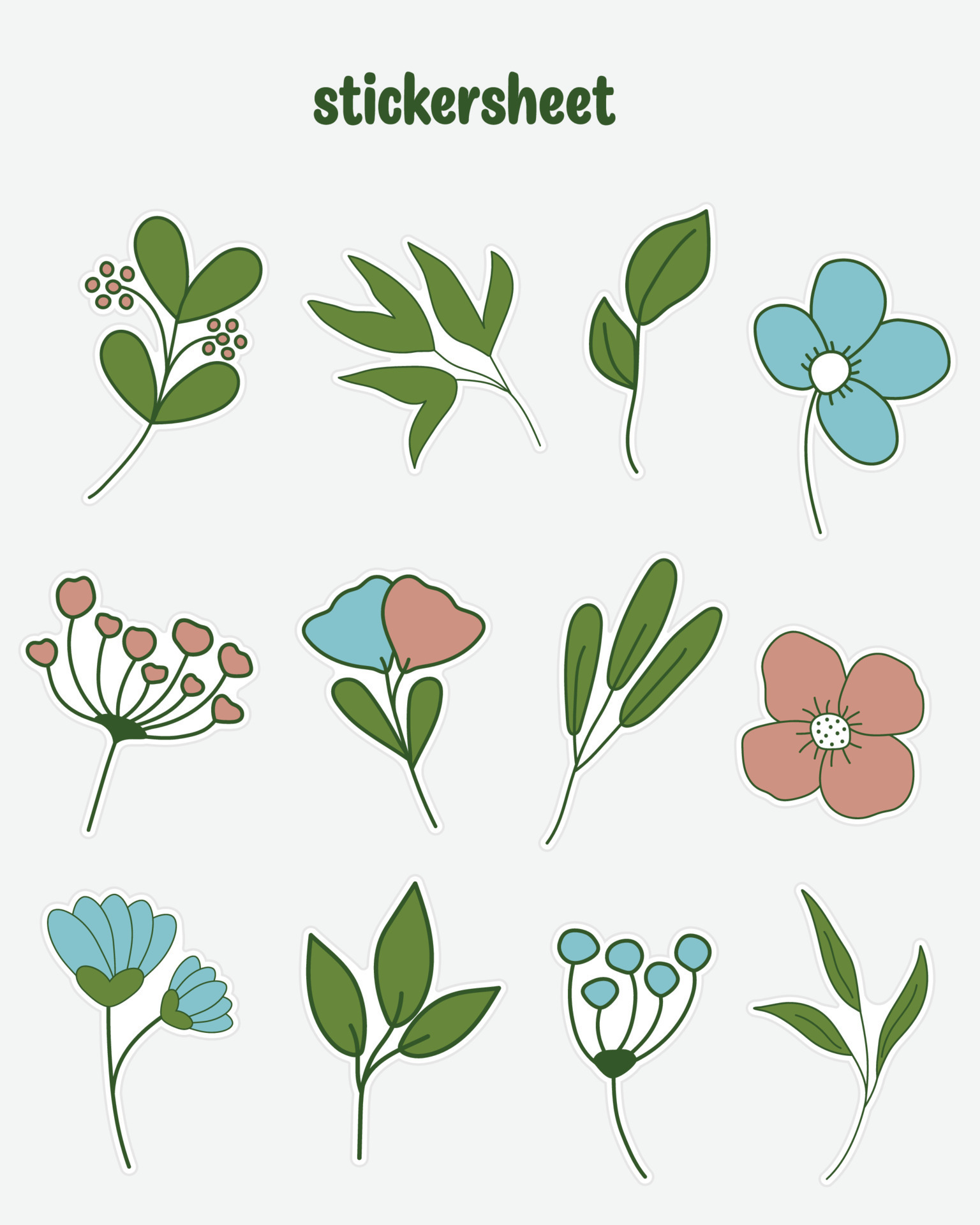 Set of flower and leaf stickers. Bullet journal stickers, planner, scrapbook stickers design