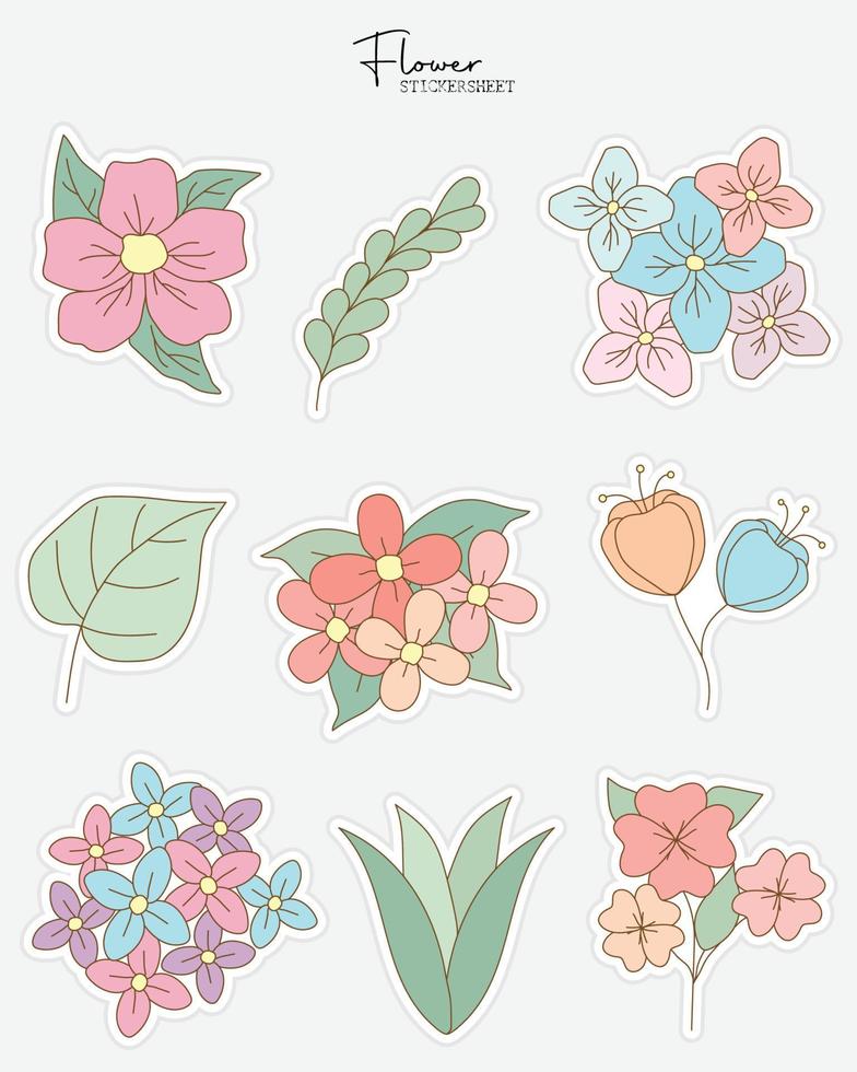 conjunto de pegatinas de flores y hojas. pegatinas de diario de viñetas, planificador, diseño de pegatinas de álbumes de recortes. vector