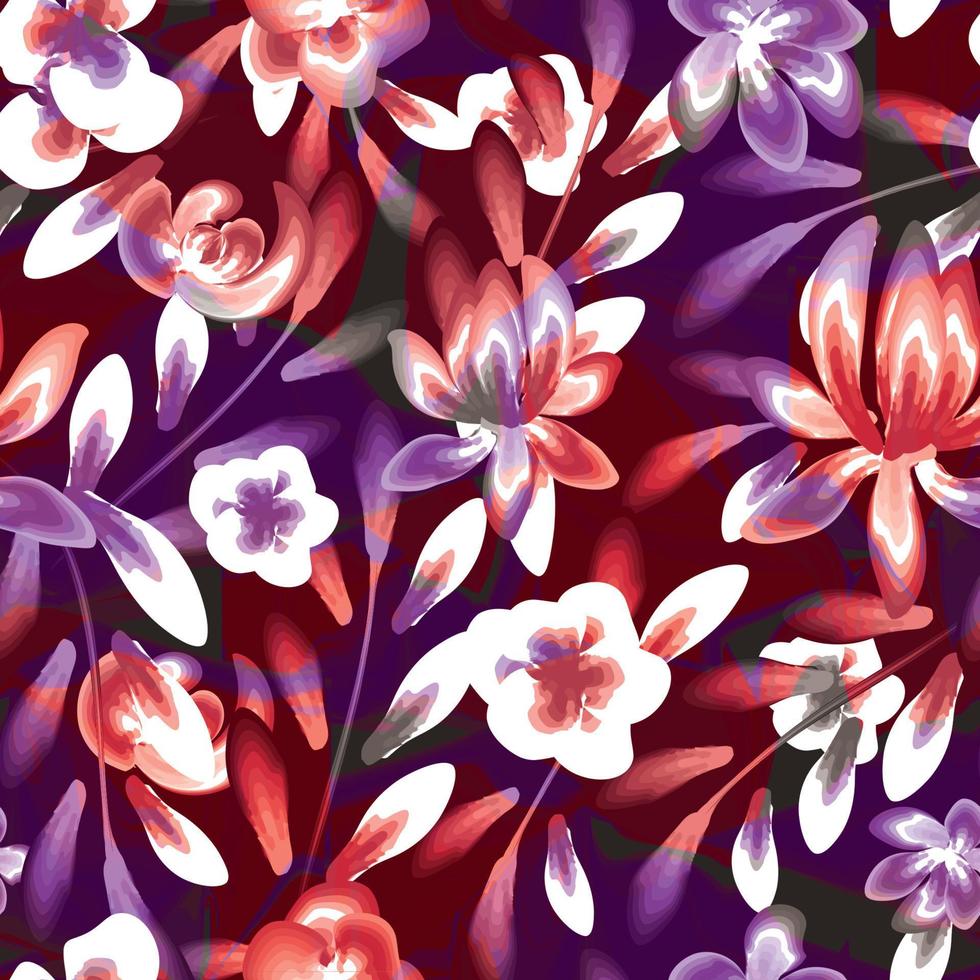 colorful floral seamless pattern. tropical flowers seamless pattern on grunge background. abstract nature pattern. Jungle foliage illustration. purple and red. Floral background. autumn design. spring vector