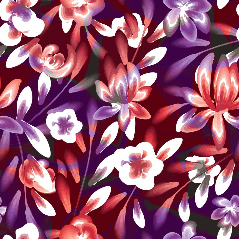 colorido patrón floral sin fisuras. flores tropicales de patrones sin fisuras sobre fondo grunge. patrón de naturaleza abstracta. ilustración de follaje de la selva. morado y rojo. fondo floral. diseño de otoño. primavera vector