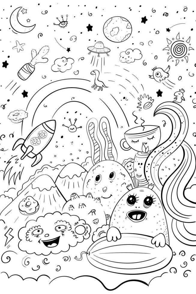 Space doodle moon rabbit and UFO vector