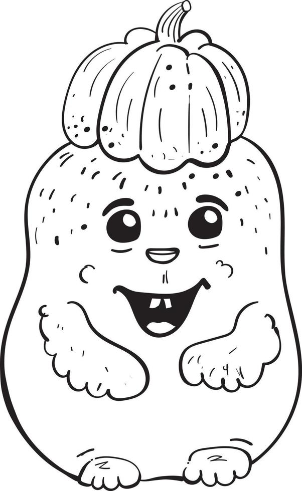 Cute monster with pumpkin on his head coloring page vector