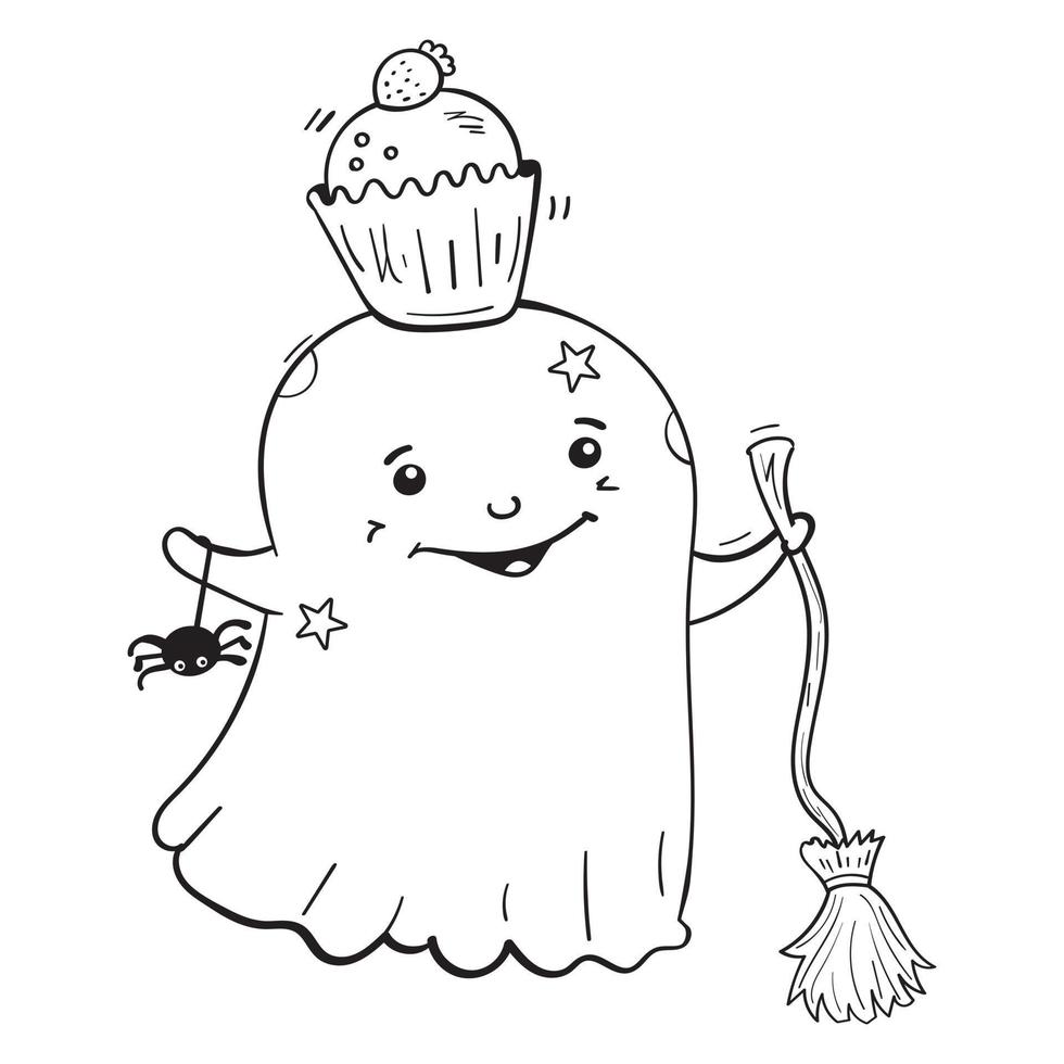 Doodle ghost with a witch broom and a sweet cupcake coloring page vector