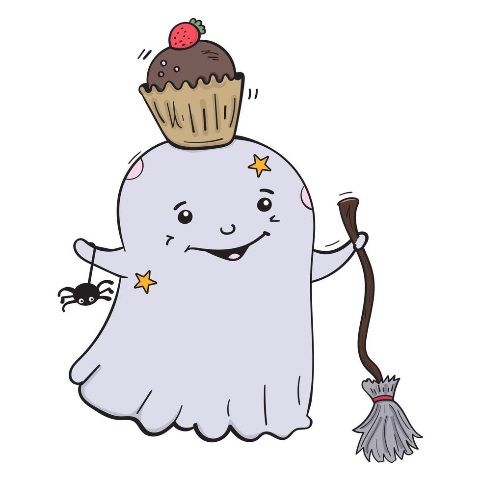 Cute ghost with a witch broom and a sweet cupcake vector