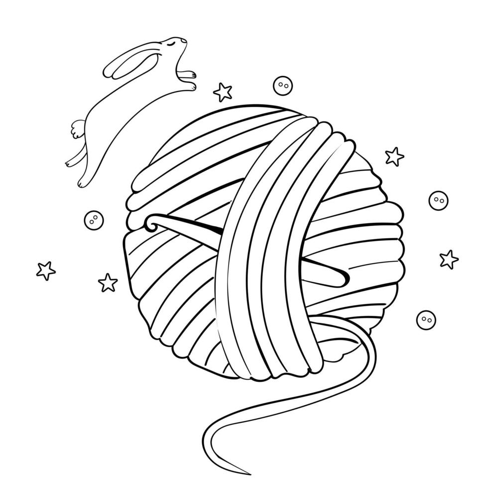 Hare jumps over a ball of thread, hand drawn coloring cozy knitting vector