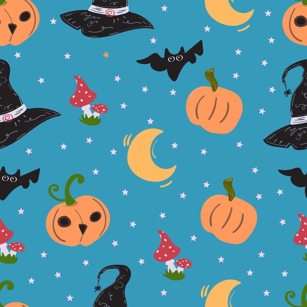 Witchs hat for happy Halloween and ripe orange pumpkin background pattern vector