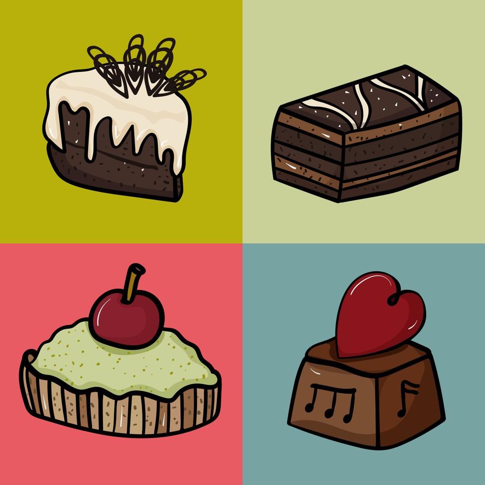 Pastel de postre de chocolate y cereza en la colección. vector