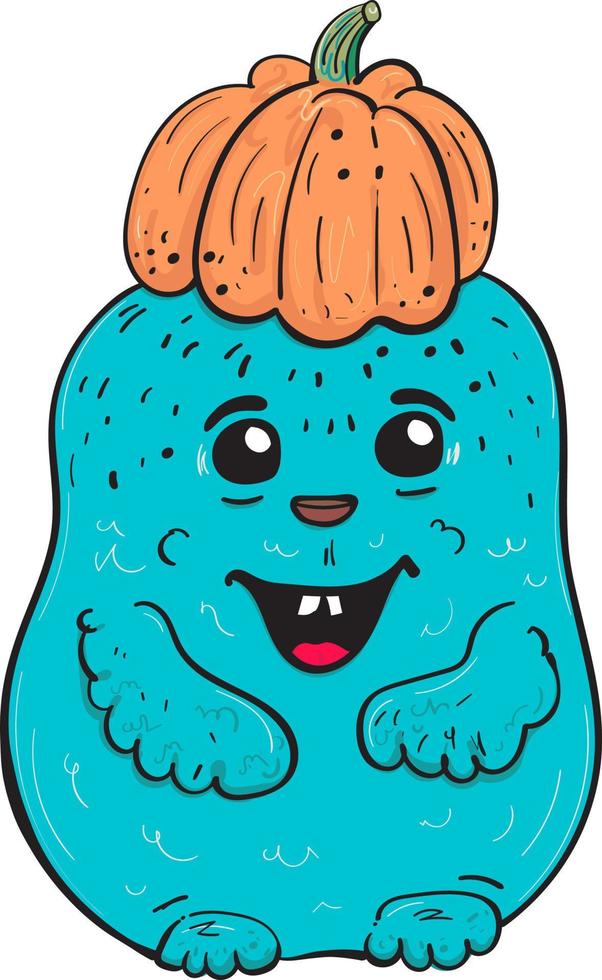 lindo monstruo azul con calabaza en la cabeza vector