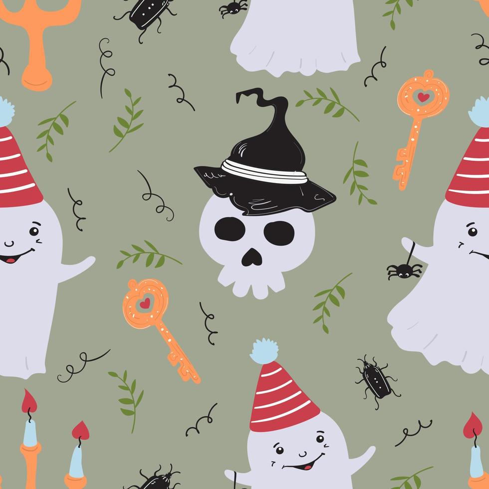 Ghost and skull in witch hat background pattern vector