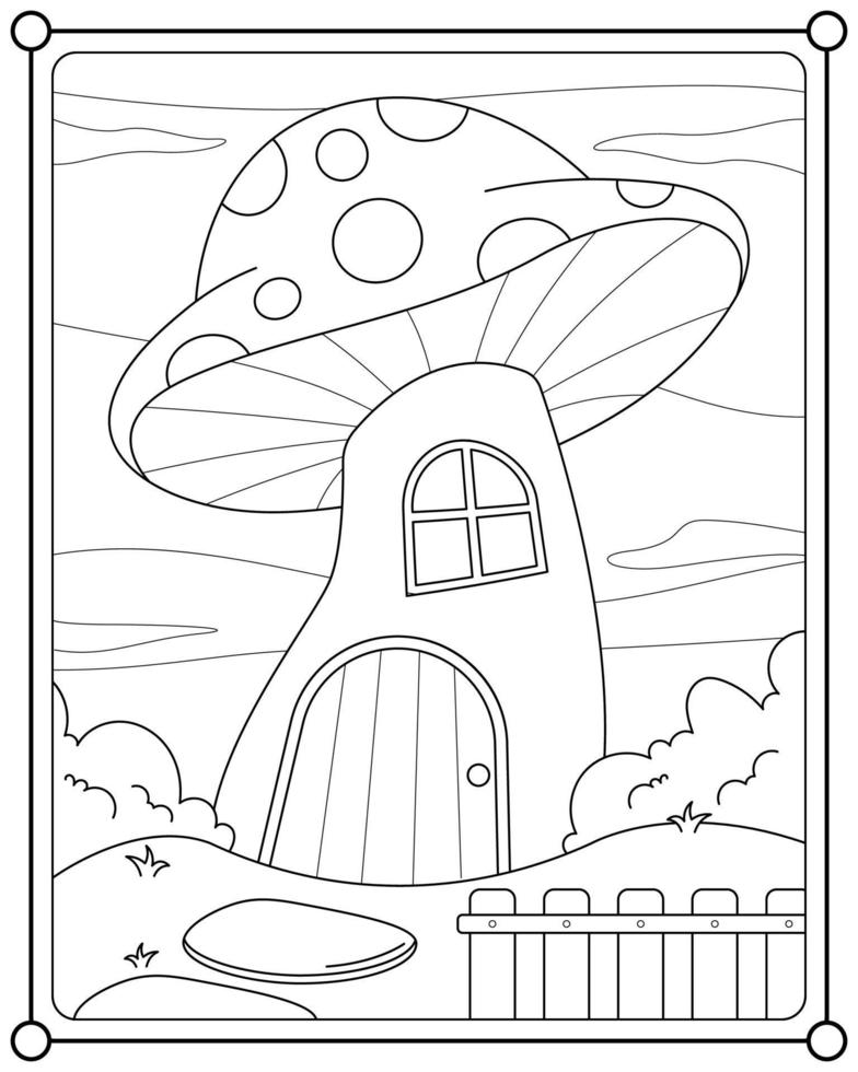 Fairy mushroom house suitable for children's coloring page vector illustration