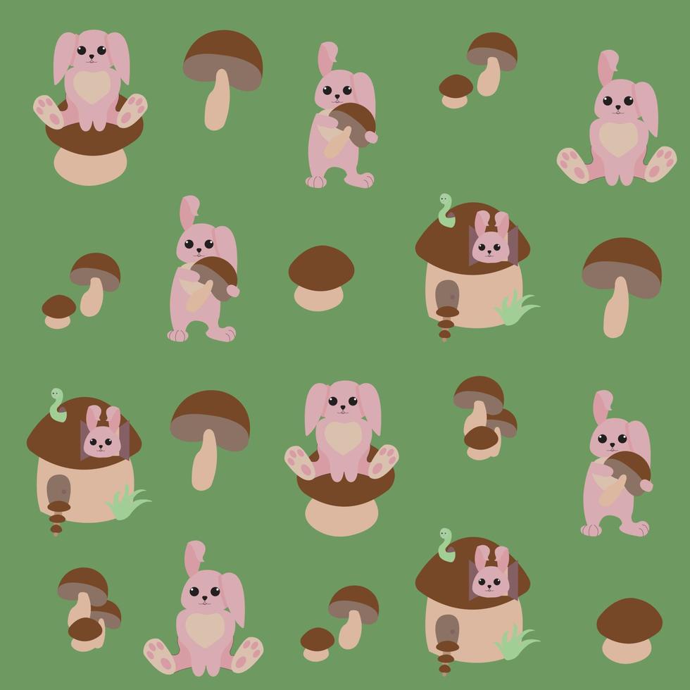 Pink rabbits and mushrooms. Seamless pattern. Vector illustration on a green background.
