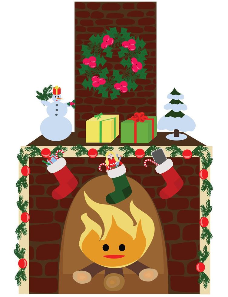 Cute Christmas fireplace with fire and gifts. Vector illustration.