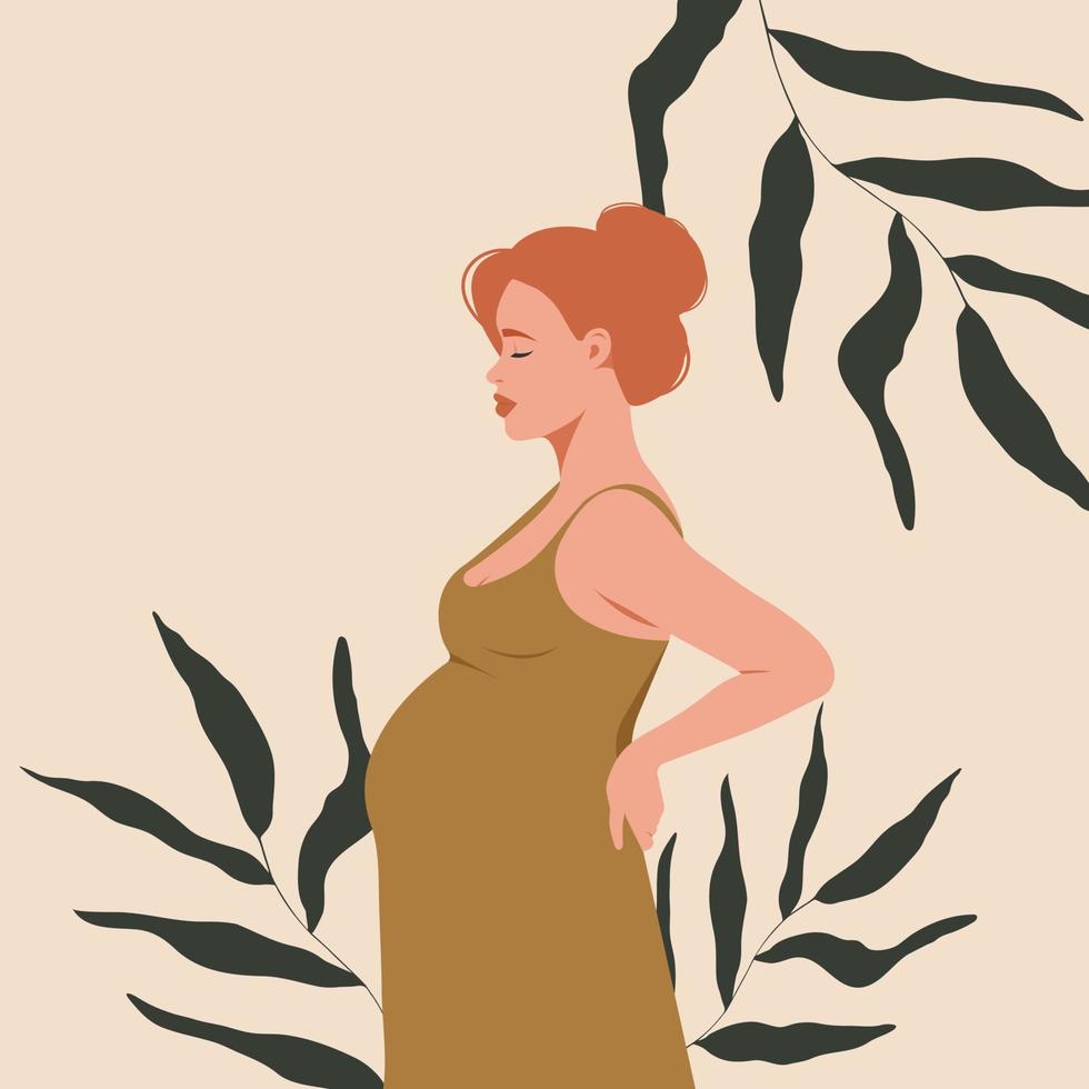 Pregnant happy young redheaded girl against a background of leaves. Happy pregnancy. Vector