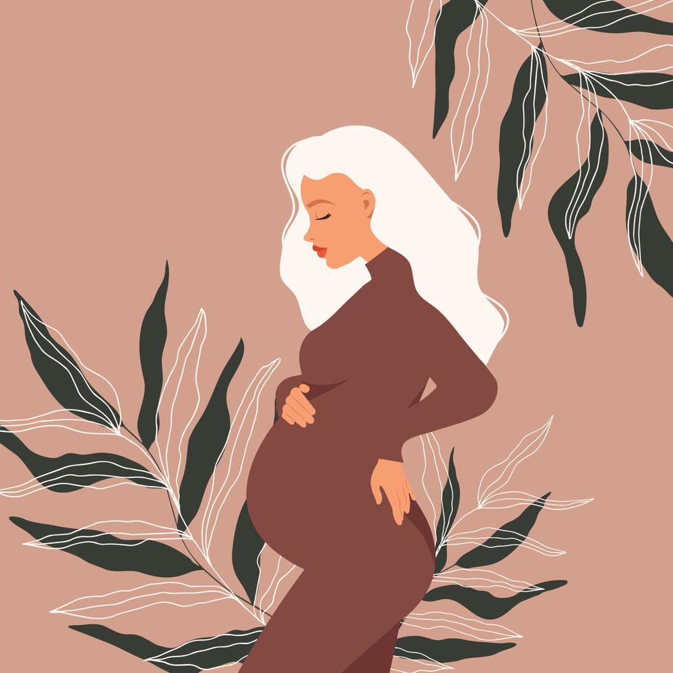 A pregnant young girl with long white hair in brown flowers against a background of leaves. Vector