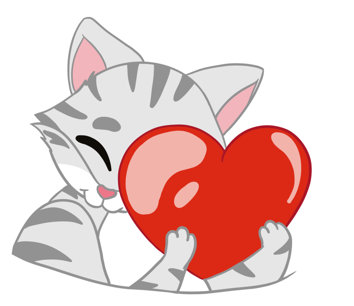 el feliz gato americano de pelo corto sostiene el corazón rojo grande y suave actúa como amo y buenas emociones. garabatear con una caricatura. png