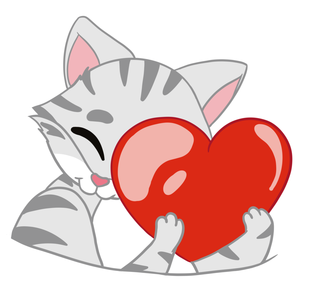 The happy American Shorthair Cat holds the big and soft  red heart acts as I love and good emotions.  Doodle with a cartoon. png