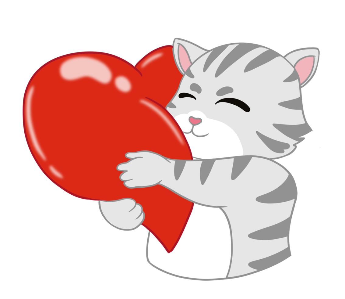 The happy American Shorthair Cat holds the big and soft  red heart acts as I love and good emotions.  Doodle and cartoon. png