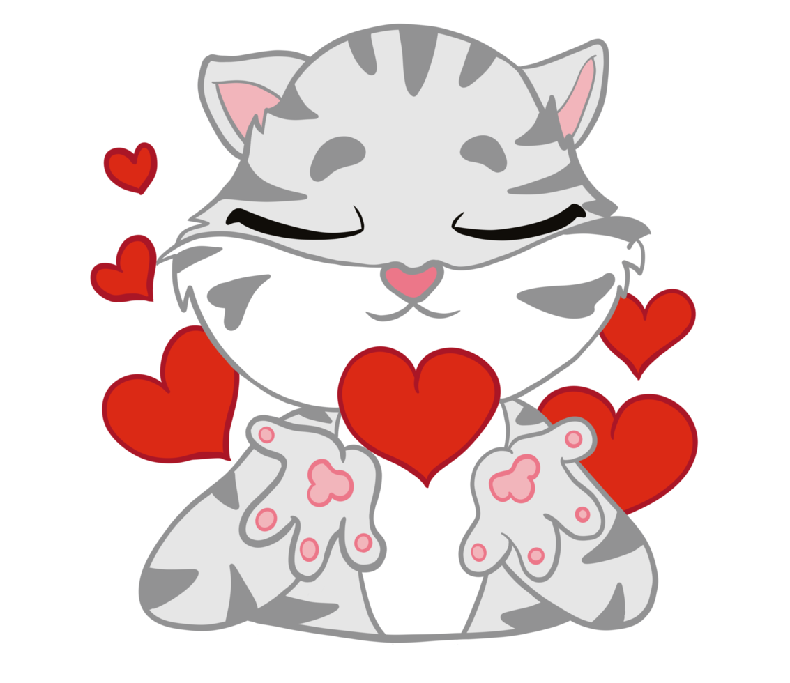 The lovely and peaceful American Shorthair Cat sent many red hearts into the air acts happy, clams and great emotions. Doodle with a cartoon. png