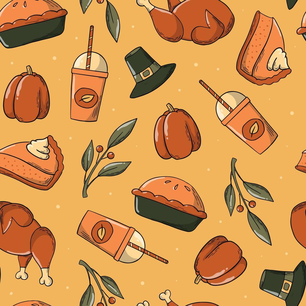 Thanksgiving seamless pattern with doodles on orange background. Good for textile prints, posters, wrapping paper, scrapbooking, stationary, packaging, wallpaper, etc. EPS 10 vector