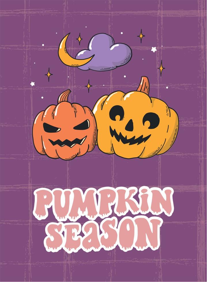 cute Halloween greeting card, poster, print decorated with groovy quote 'Pumpkin season' and hand drawn doodles on purple background. Good for sublimation, templates, invitations. EPS 10 vector