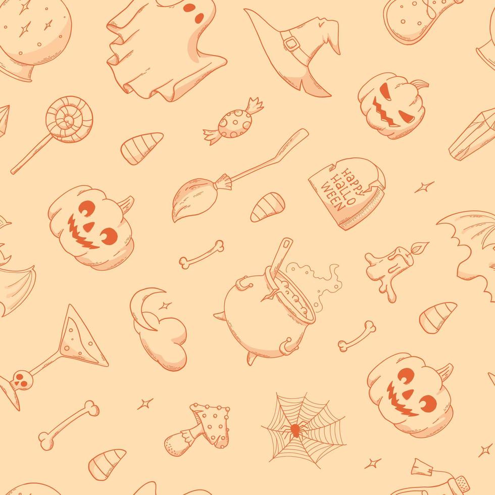 patrón sin costura vintage de halloween con garabatos dibujados a mano. bueno para estampados textiles para niños, papel para envolver, papel tapiz, álbumes de recortes, papelería, fondos, etc. eps 10 vector