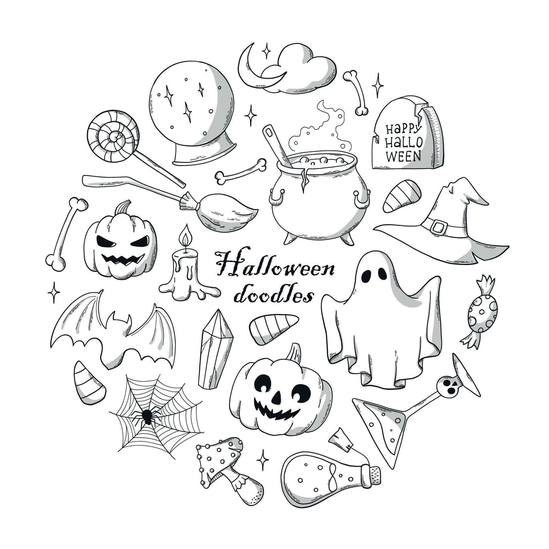 set of hand drawn Halloween doodles isolated on white background. Good for coloring pages