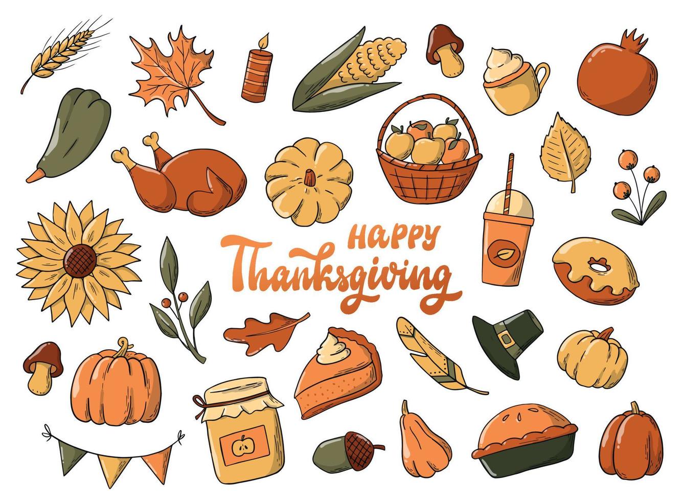 set of thanksgiving doodles and quotes isolated on white background. Good for stickers, labels, prints, signs, planners and organizers. EPS 10 vector